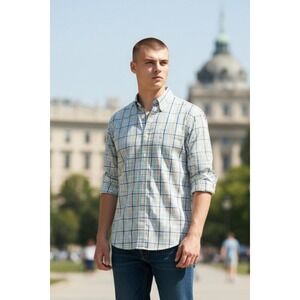 IZOD Button Down Shirt Mens Ice Green Plaid Premium Essentials Stretch Size S